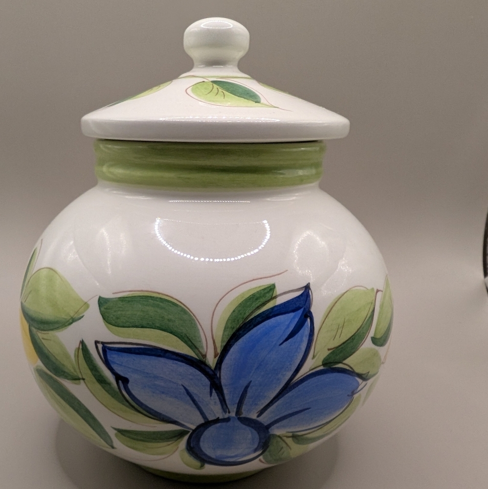 Ethan Allen White Ceramic Jar with Blue and Green Floral Design
